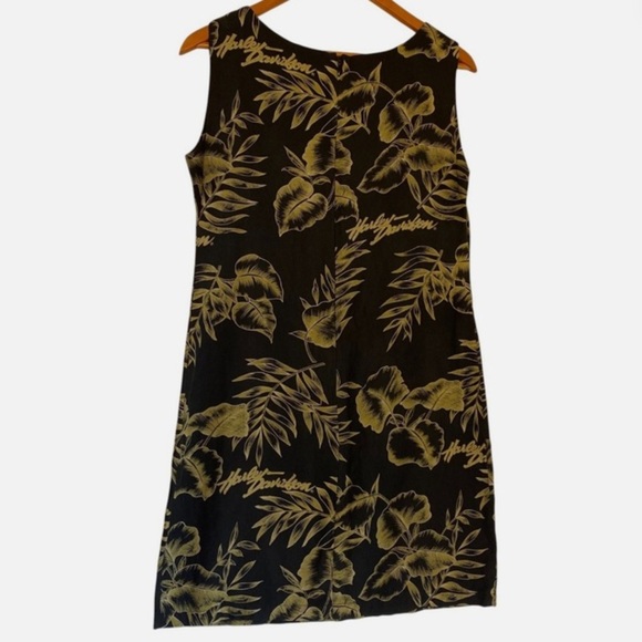100% Silk Harley Davidson Tank Sheath Dress Sleeveless Tropical Leaf Print Sm - Picture 2 of 5